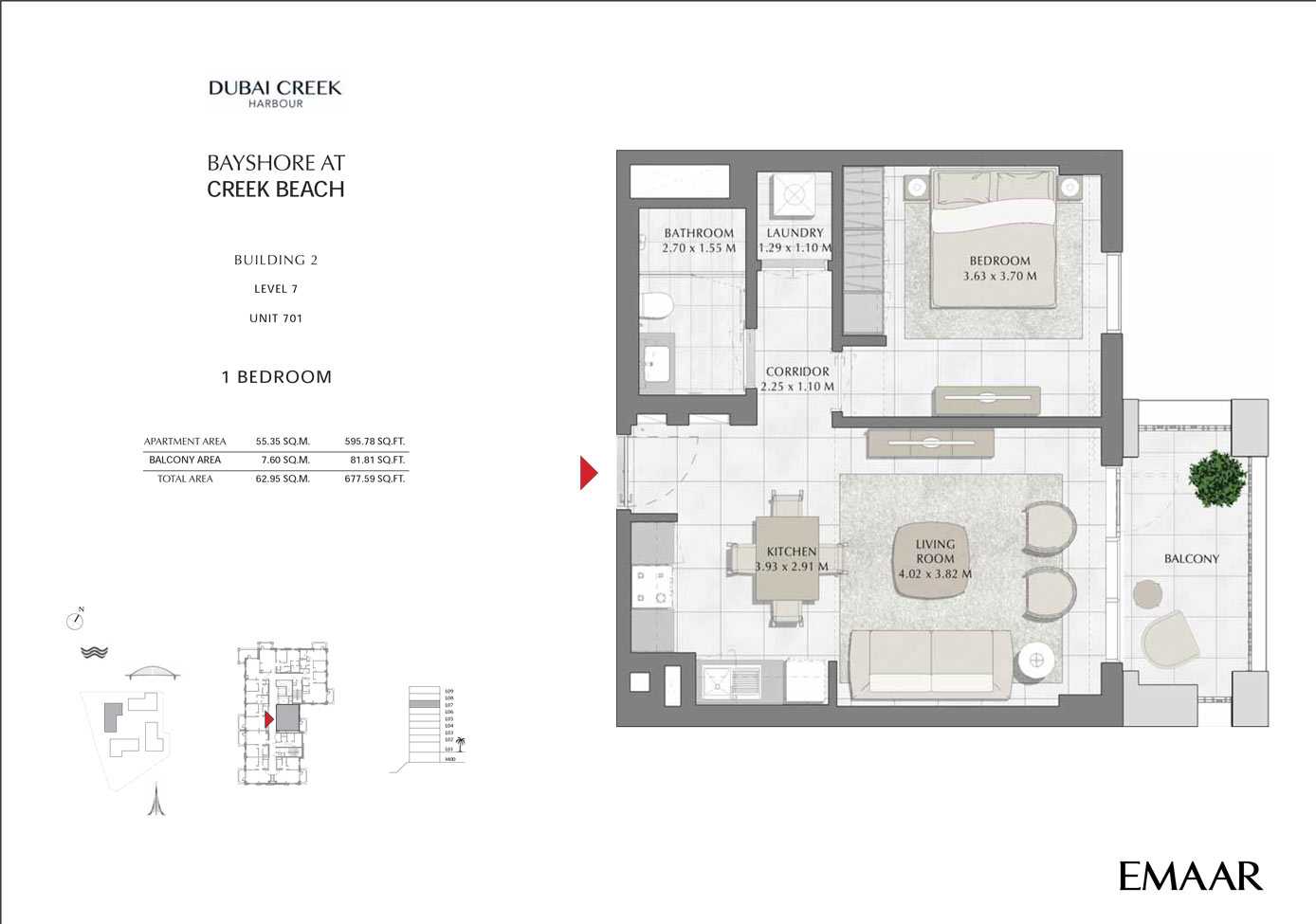 Building 2 - 1 Bedroom Level 7 Unit 701, Size 677 sq ft
